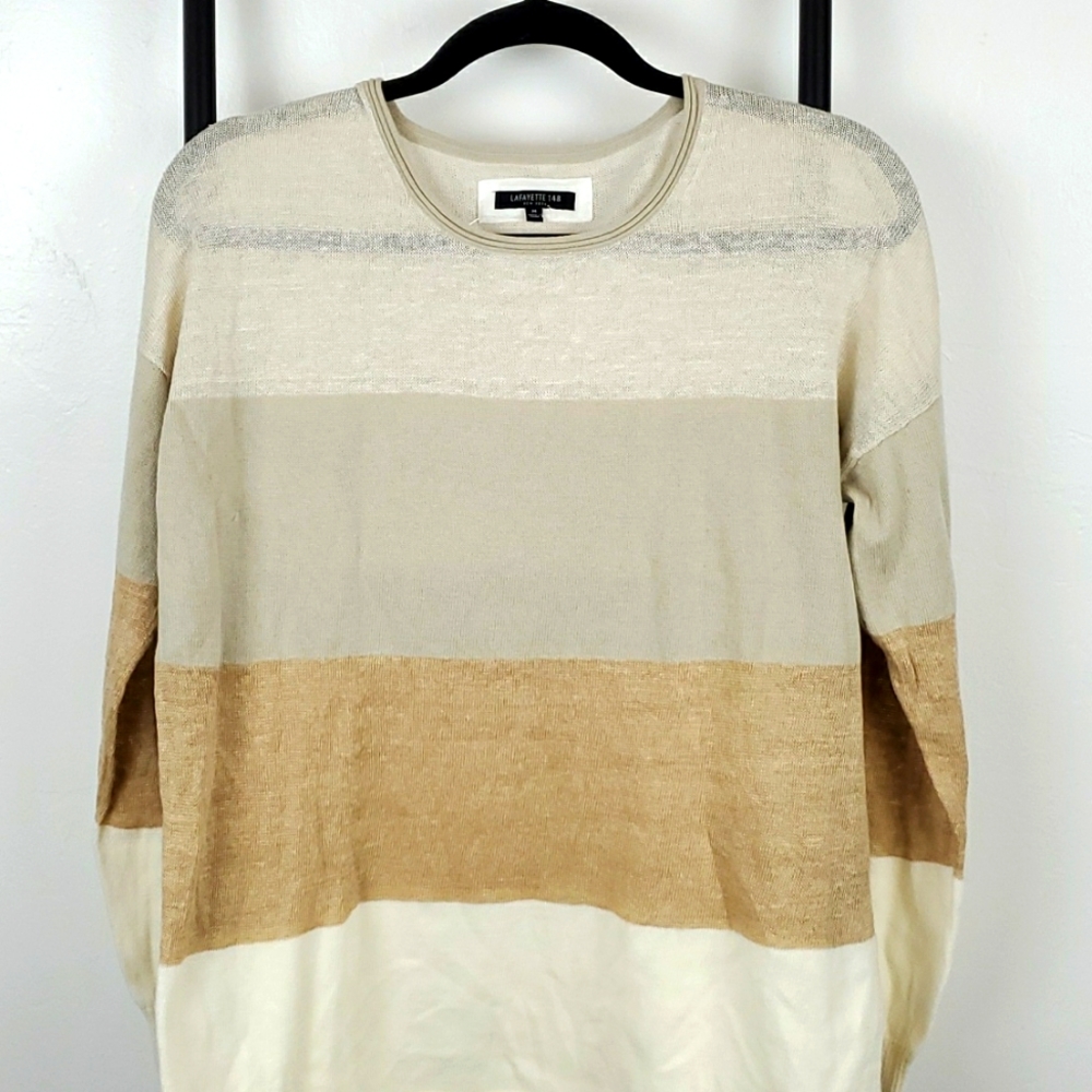 Lafayette 148 New York knit sweater round neck cream cotton blend brown size M